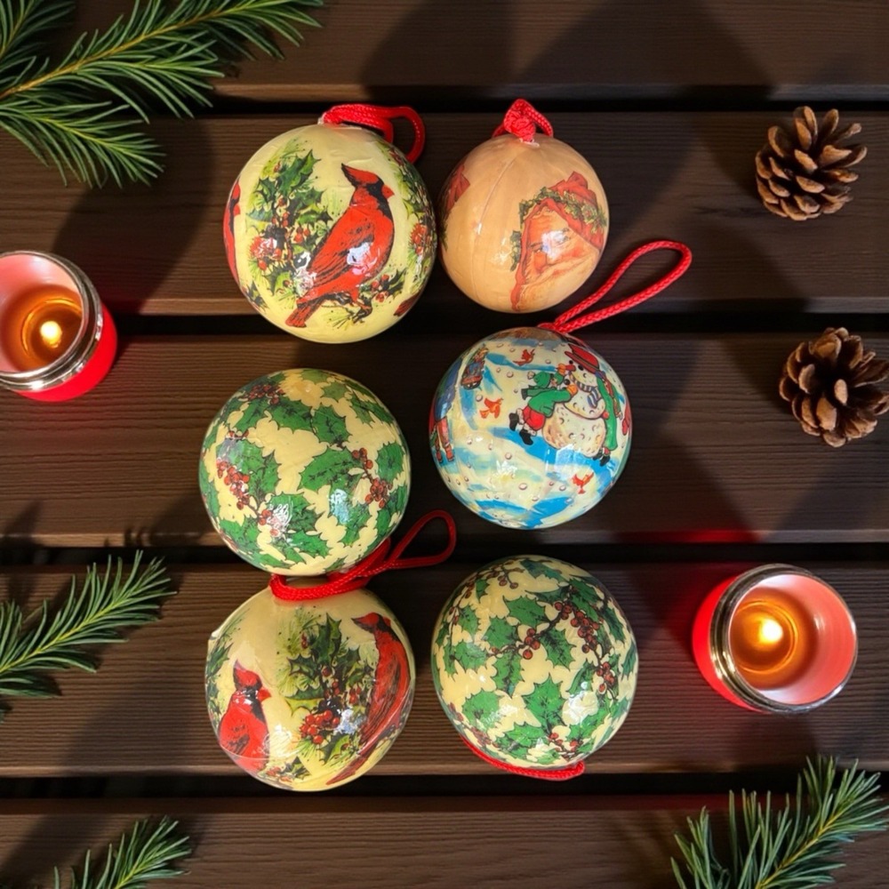 VTG Decoupage Christmas Ornaments Set of 6 Santa Cardinal Holly Aged Patina MCM
